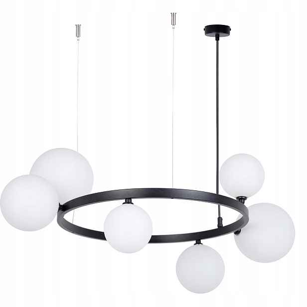 Černý lustr s kroužkem 72 cm, skleněné bílé koule do obývacího pokoje, 6 bodů Sigma