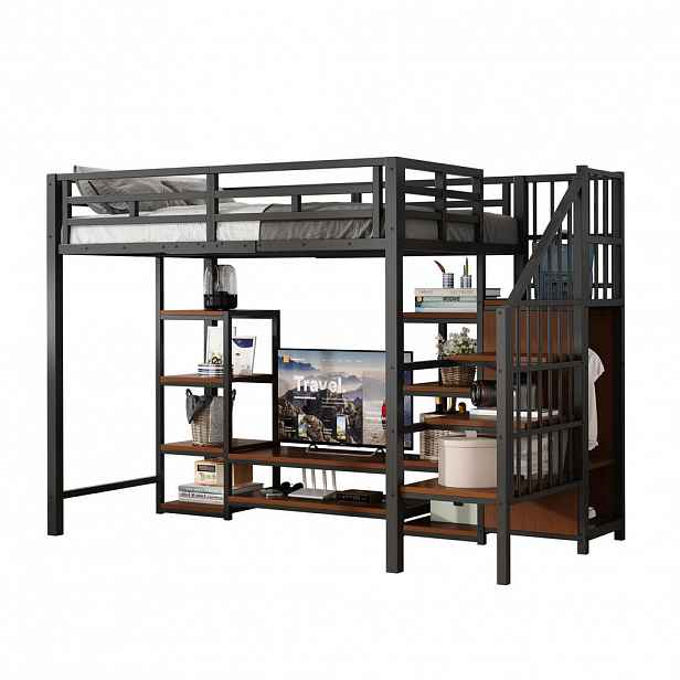Redom VYSOKÁ postel 90/200 cm s TV stojanem, zásuvkou a bezpečnostním žebříkem, kov a MDF, Černá