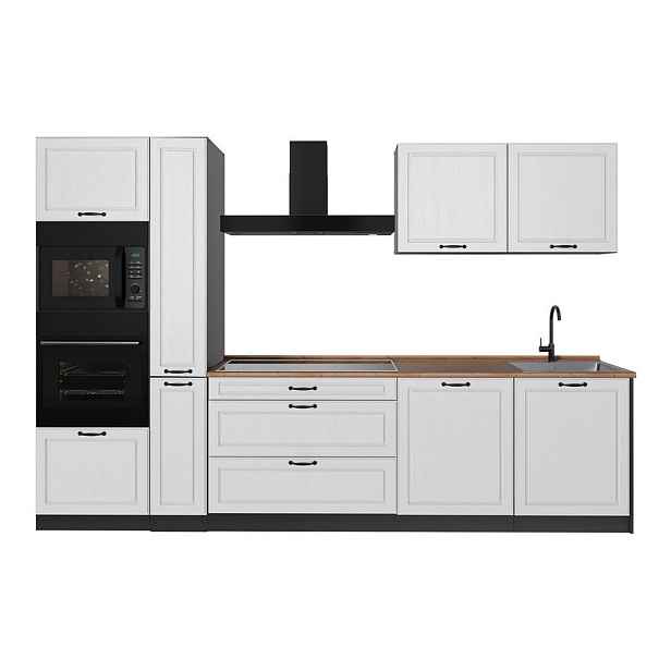 Vicco KUCHYŇSKÝ KOUT R-Line, Bílý venkovský dům/Antracit, 310 cm pracovná doska Dub Goldkraft