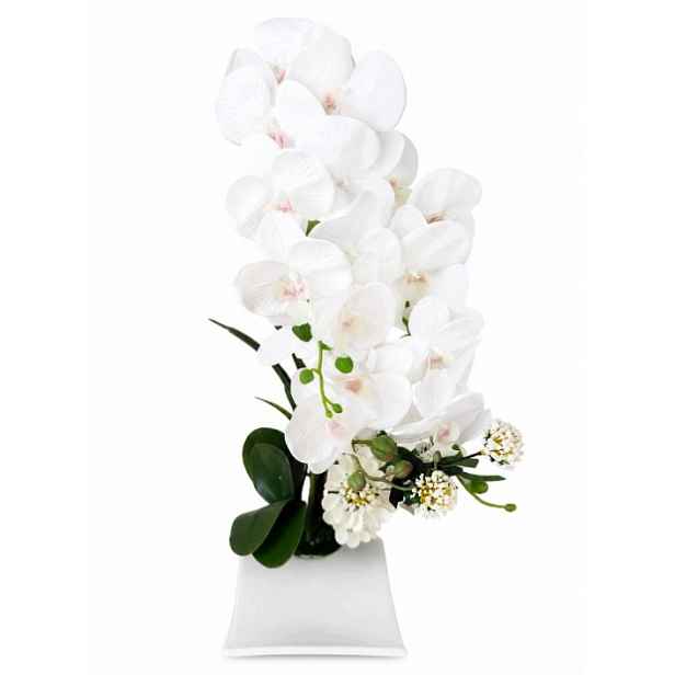 Umělý orchidej v květináči 60 cm, 25 bílých hlaviček