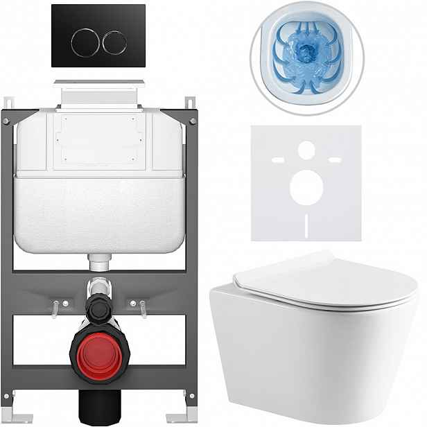 Kompletní WC set Basic/Carlito - bílá lesklá - WC tlačítko Dualo/Černá - ovládání shora - předstěnová instalace - 48,5x36,5 cm