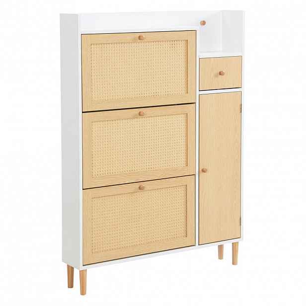 Modfu BOTNÍK z MDF 90x125x17 cm přírodní/bílá se 3 výklopnými dvířky, zásuvkou, nastavitelnou policí a nohami z masivu