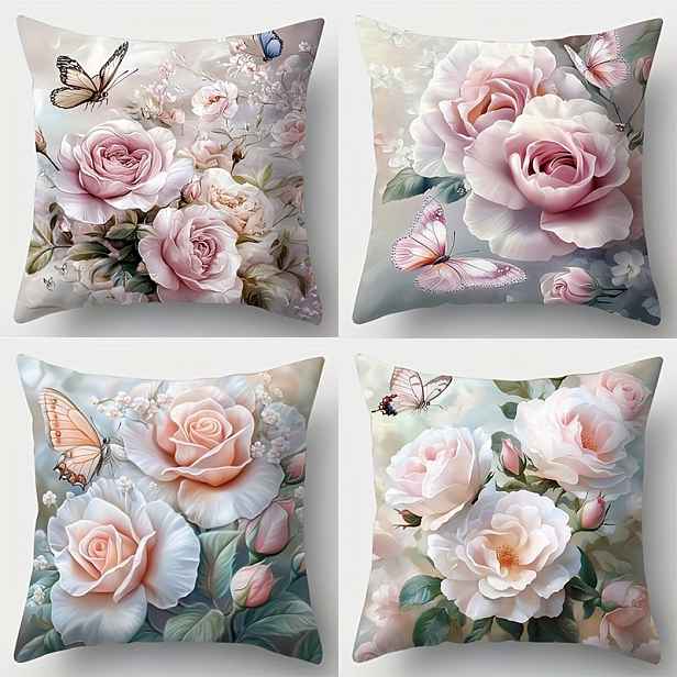 TEMU 4-Balíček Pivoňka a Růžová Florální Polštářky, 17,7x17,7 palců, Současný Styl, Polyester, Jednostranný Tisk, Uzavírání Zipem, Ruční Praní Jen,