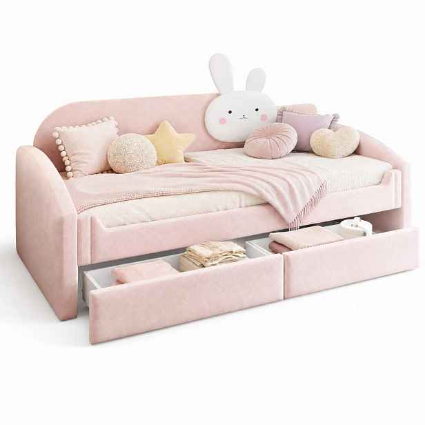 CHICFURN DĚTSKÁ POSTEL 90/200 cm v růžové barvě se zásuvkami, LED osvětlením a sametem