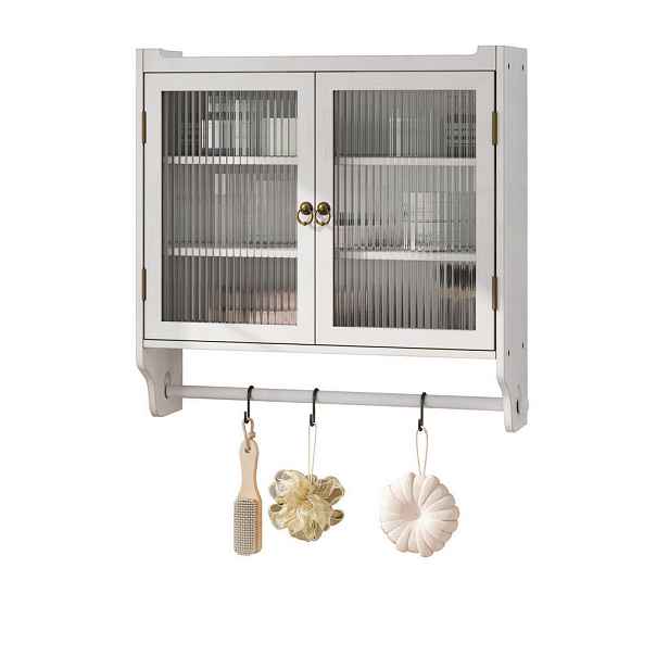 Modfu NÁSTĚNNÁ skříňka z masivního dřeva, MDF a skla 63x18x60 cm bíle mořená se 3 policemi a dvoukřídlými dvířky
