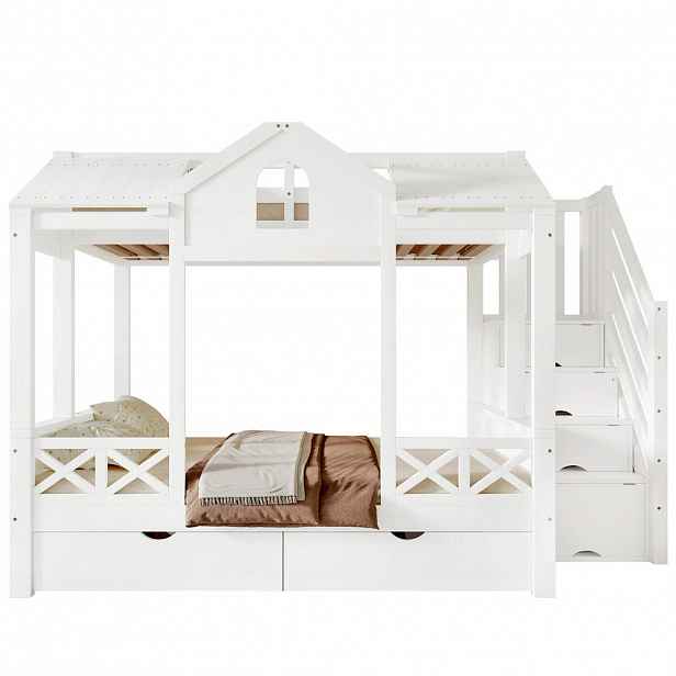 CHICFURN PATROVÁ POSTEL 90/200 cm & 140/200 cm v bílé barvě se zásuvkami a úložnými schody