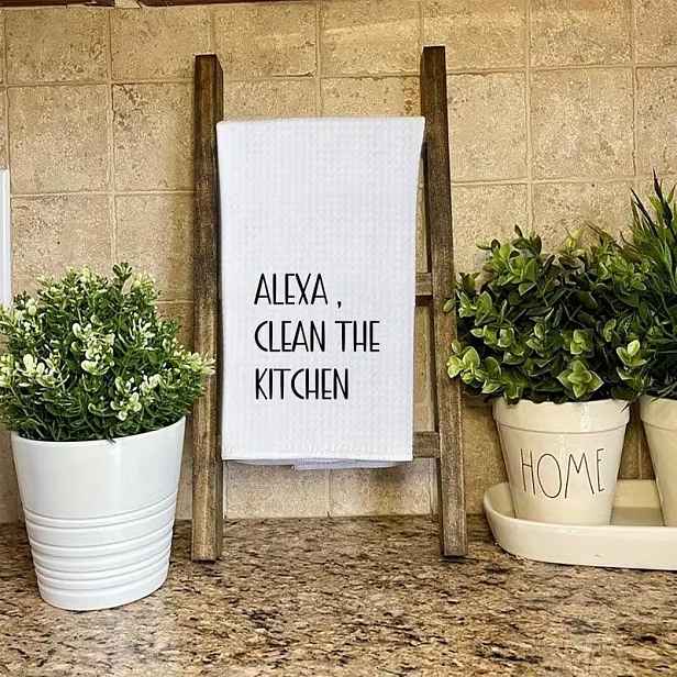 TEMU 1 ks Zábavný kuchyňský utěrka s kresleným pruhem "Alexa, uklidni kuchyň" - bílá, černý text, lze prát v pračce, ideální jako dárek na Den
