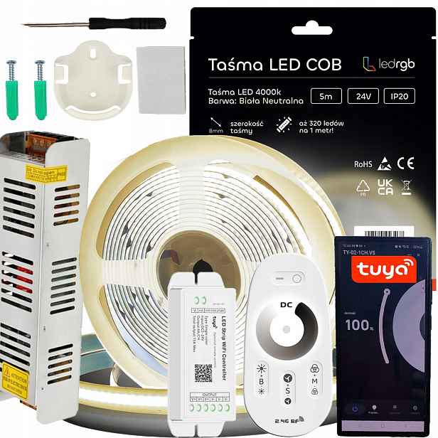 Sada Led pásků Cob 24V 5 m 4000K Bílá Neutrální Napájecí Zdroj Tuya Wifi Dálkový Ovladač