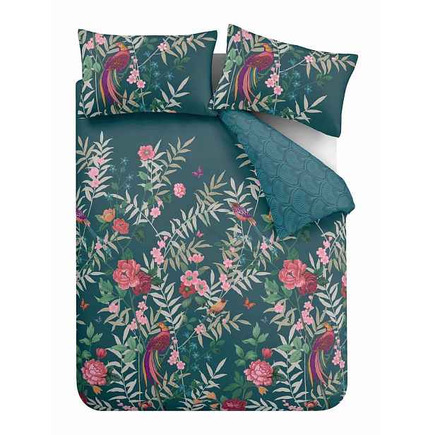 Tmavě zelené prodloužené povlečení na dvoulůžko 230x220 cm Tropical Floral Birds – Catherine Lansfield