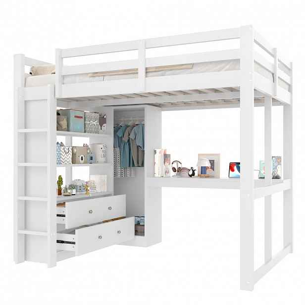 CHICFURN VYVÝŠENÁ POSTEL 140/200 cm v bílé barvě s psacím stolem, LED osvětlením a 2 zásuvkami
