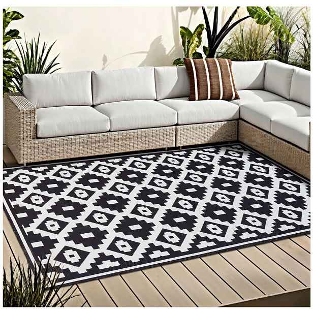 Koberec na terasa balkon 150 cm x 240 cm, černobílý geometrický vzor