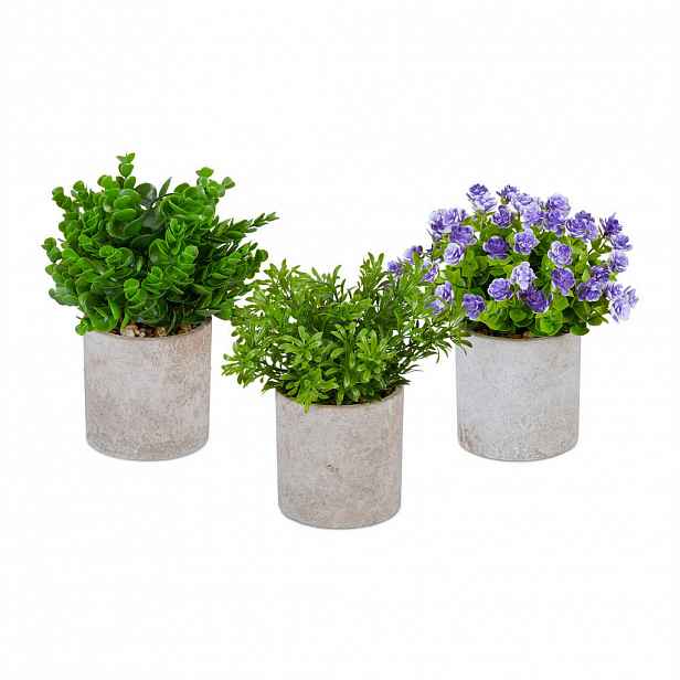 Relaxdays ROSTLINY umělé zelená fialová šedá 3dílná-sada květináč 23 cm