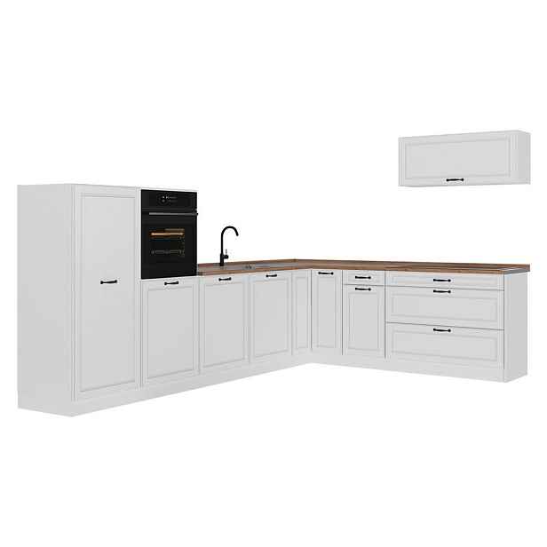 Vicco ROHOVÁ KUCHYŇ R-Line, Bílý venkovský dům/Bílá, 327 x cm pracovná doska Dub Goldkraft