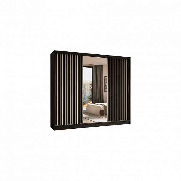 ALTDECOR ŠATNÍ SKŘÍŇ se zrcadlovými posuvnými dveřmi a hliníkovými lamelami, LED osvětlení – LAMELO – 240 cm černá+černá+bílá