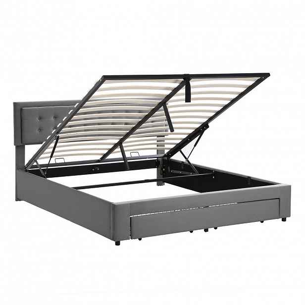 Redom ČALOUNĚNÁ postel 160/200 cm s hydraulickým úložným prostorem, zásuvkami a nastavitelným čelem, Šedá