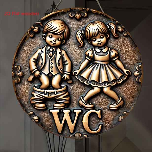 TEMU 2D plochý - [2D plochý] 2D tištěný nástěnný obraz s vintage kulatou toaletní značkou "WC" o rozměrech 7.87X7.87 palců, vhodný pro vnitřní i