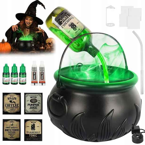 Kotlík Čarodějnice Led Halloween Generátor Mlhy Dekorace S Kostrou