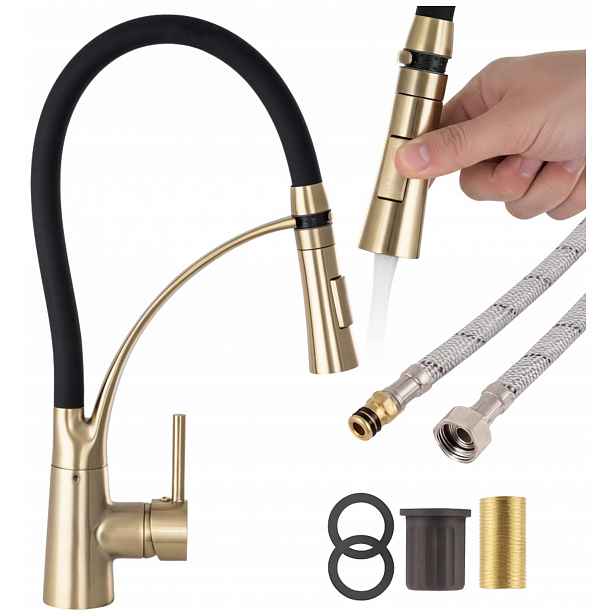 Kuchyňská Baterie Nexo Flexibilní Ramínko kohoutek Brushed Gold stojící hadice