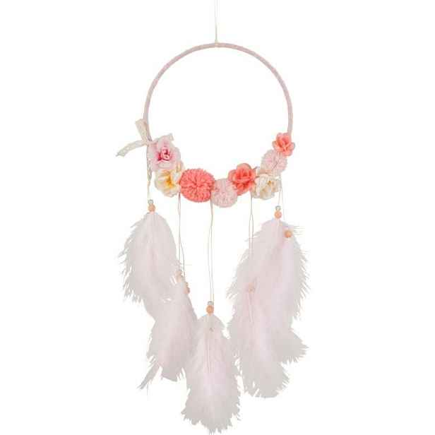 Růžový lapač snů s peříčky Feathers - Ø 20*54cm J-Line by Jolipa