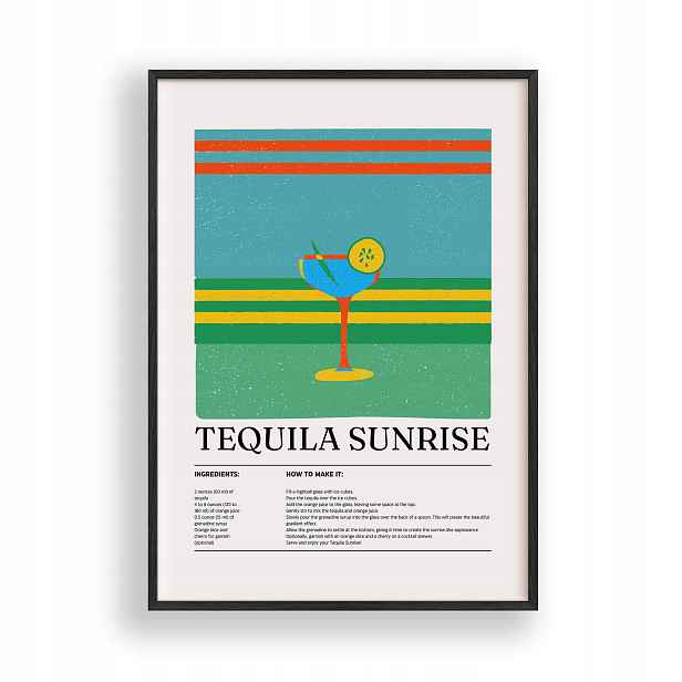 Obraz Koktejl Tequila Sunrise Plakát Rámeček Dřevěný Černý 30x42 cm