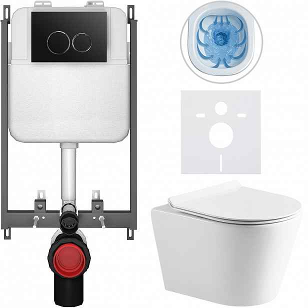 Kompletní WC set Basic/Carlito - bílá lesklá - WC tlačítko Dualo/Černá - pro zazdění - 48,5x36,5 cm