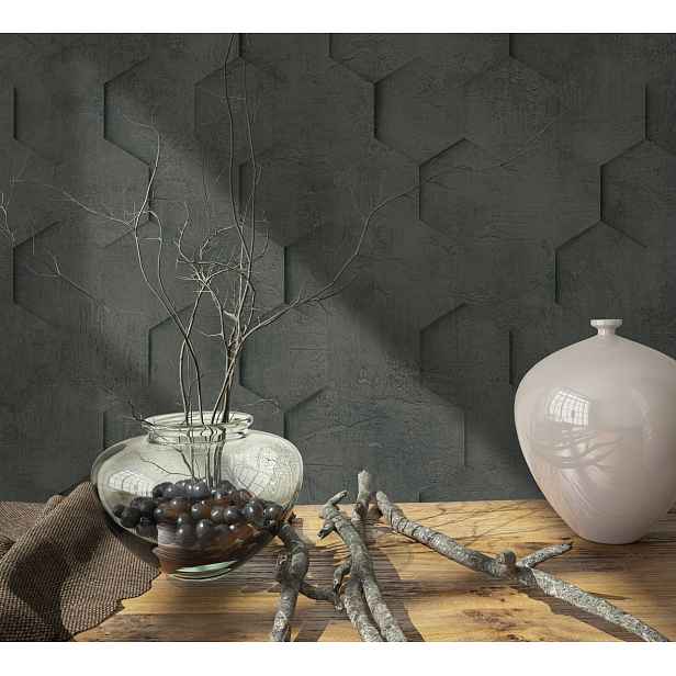 Tmavě šedá hexagonová tapeta s 3D vzorem na vinylovém betonu