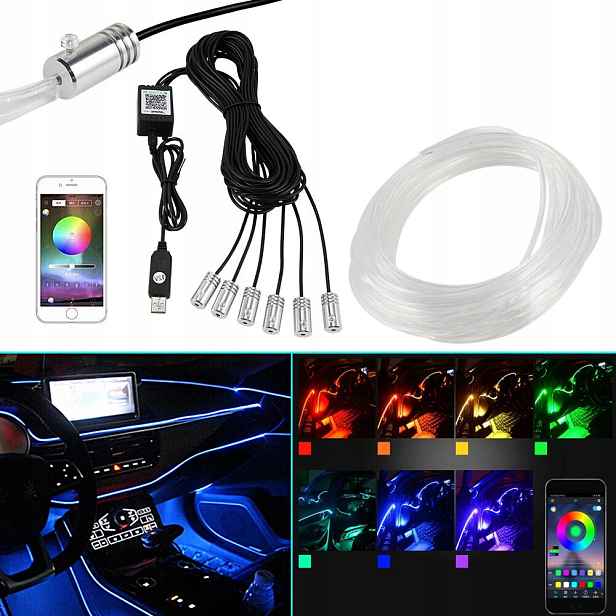 Světlovod do auta Osvětlení Ambient Led Rgb 8 m Apka+dálkový Ovladač Set