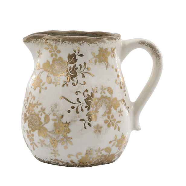 Béžový baňatý keramický džbán se zlatými květy Melun gold - 13*16 cm Chic Antique