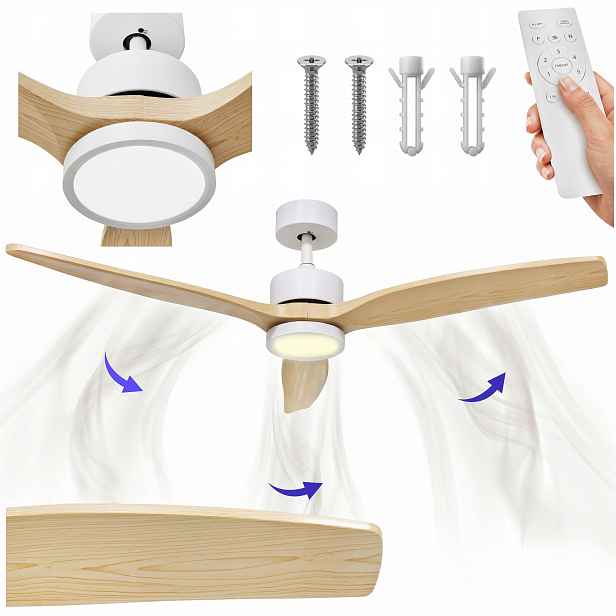 Stropní ventilátor s Led lampou 6 rychlostí, tichý ventilátor 132 cm Dálkový Ovladač Tichý