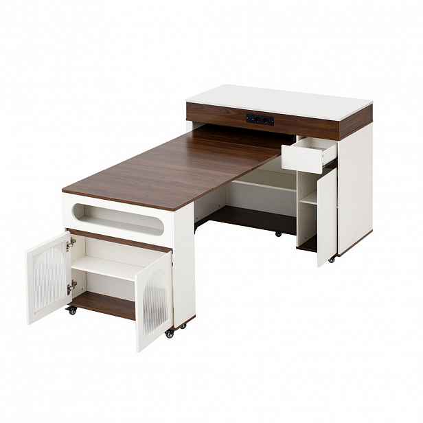 Redom KUCHYŇSKÝ ostrůvek 50,5–187,5/110,5/95,5 cm z MDF s výsuvným stolem, kolečky, zásuvkou a zásuvkami, Bílá/Ořechová