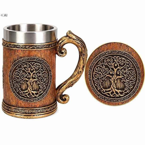 Pivní Sklenice Strom života 600 ml, keltský motiv, dárek pro muže, nerezová vložka