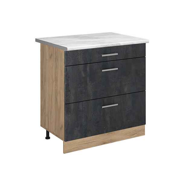 Vicco SPODNÍ SKŘÍŇKA KUCHYŇSKÉ LINKY R-Line, Černý beton/Zlatý mocný dub, 80 cm se 3 zásuvkami pracovná doska Mramor
