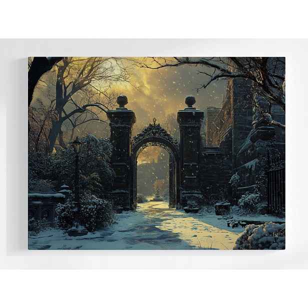 Plakát Zimní Zahrada Brána Sníh Západ Slunce 100x75
