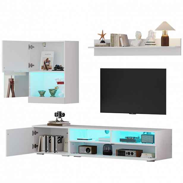 STILVORA OBÝVACÍ stěna Bílá s TV skříňkou, vitrínou, LED osvětlením a vysokým leskem, 175×39×34 cm