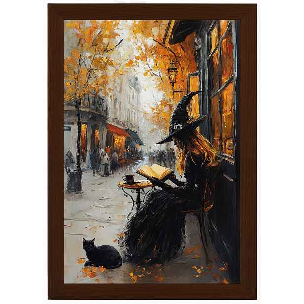 Plakát Rámeček Dřevo Čarodějnice Kavárna Kočka Podzim Káva 40x60