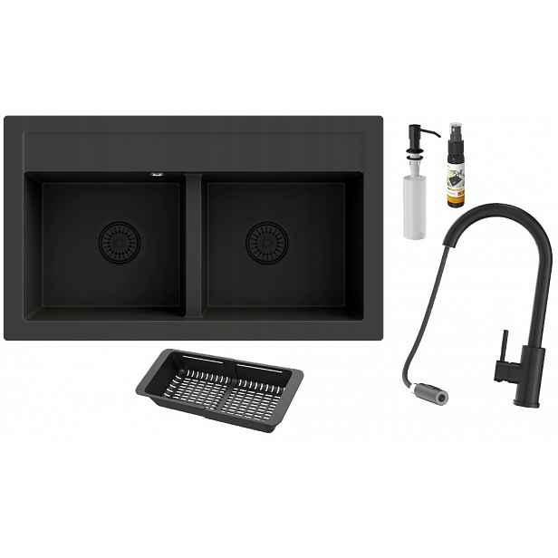 Granitový dřez dvoukomorový Duet Černý set Syfon Baterie Loseto