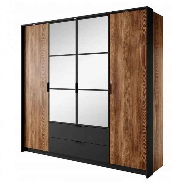 Šatní skříň se zrcadlem 220 cm CALERA - kaštan / antracitová
