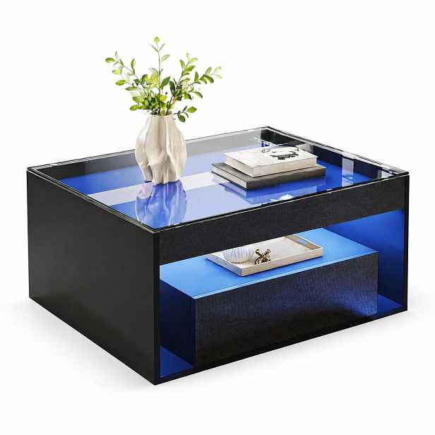CHICFURN KONFERENČNÍ STOLEK 70 × 70 × 35 cm v černé barvě se 2 zásuvkami, LED osvětlením a skleněnou deskou