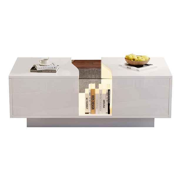 CHICFURN KONFERENČNÍ STOLEK 100 × 50 × 35 cm v bílé barvě se 2 zásuvkami a LED osvětlením, z MDF a akrylu