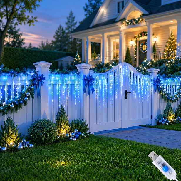 TEMU Vánoční ledovcová světla, 100/190 LED modré a bílé pohádkové světla, 10 režimů pro ložnici, dvůr, obývací pokoj, zahradu, svatbu, párty,