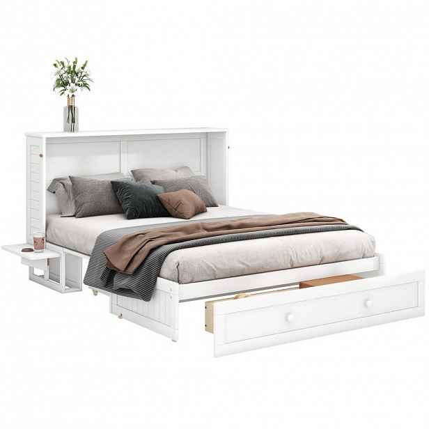 CHICFURN VÝKLOPNÁ POSTEL 140/200 cm v bílé barvě se zásuvkou a policemi