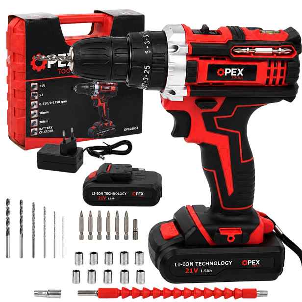 Opex Tools 28033 Aku příklepová vrtačka-šroubovák 21 V, 2x baterie, kufřík