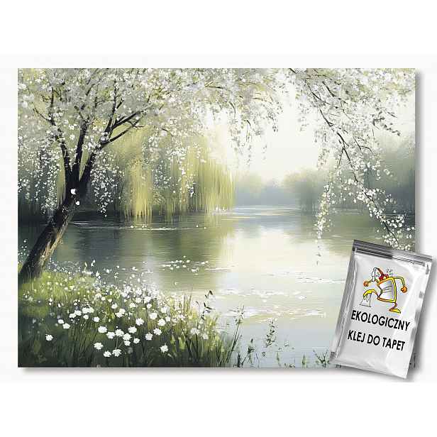 Vliesová fototapeta Krajina Park Jaro Strom Květiny Jezírko 312x219 130g