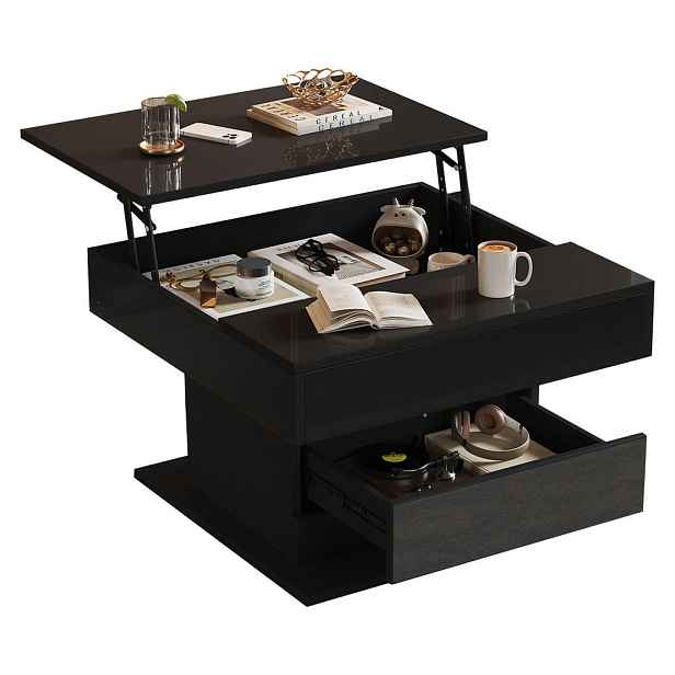 CHICFURN ZVEDACÍ KONFERENČNÍ STOLEK 70 × 70 × 45 cm v černé barvě s otočnou deskou a zásuvkou
