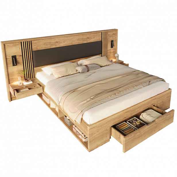 FLIEKS MANŽELSKÁ POSTEL 160x200cm Dřevo Úložná Zásuvky Stolky