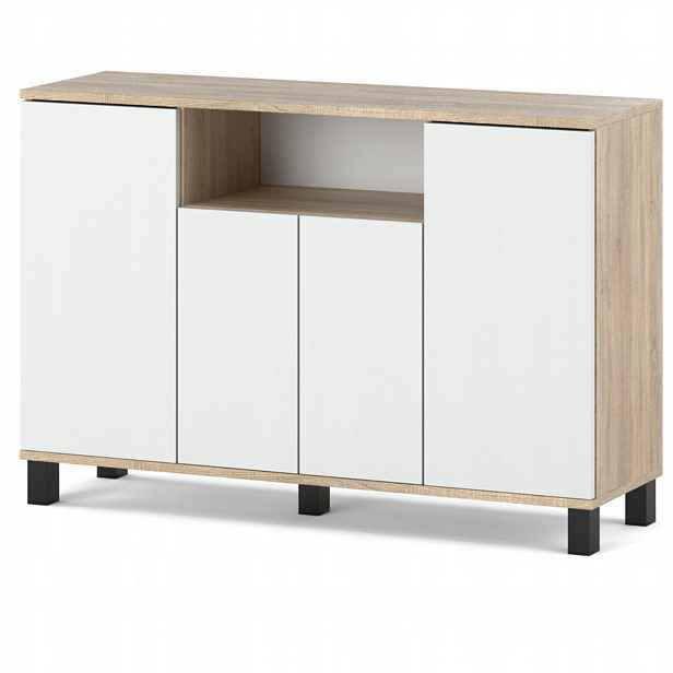 Komoda Dub Sonoma Bílá 120 CM 4 Dvířka Moderní Skříňka Do Obývacího Pokoje Ložnice