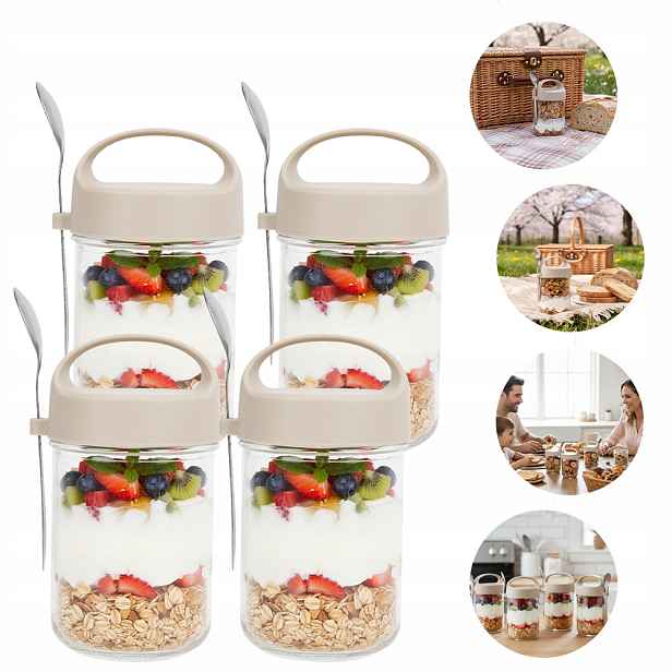 Snídaňový Box S Držákem Ze Skla Bpa-free Na Ovesnou Kaši, Šedý