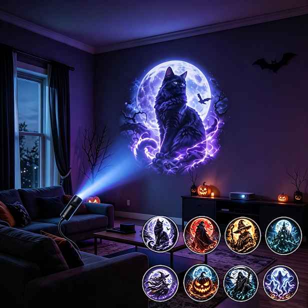 TEMU 1ks Halloween LED projekční noční světlo s 8 vyměnitelnými filmovými skládkami s ducha, čarodějnice a kostry, napájení přes USB, , strašidelná