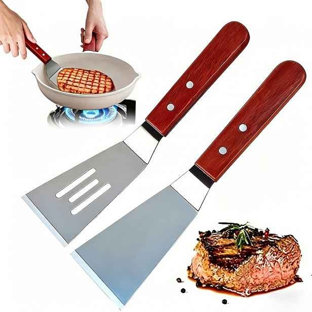 TEMU 2 ks Nerezové ocelové špachtle s dřevěnou rukojetí, robustní grilovací nástroje na BBQ, nepřilnavé kuchyňské náčiní pro grilování, obracení