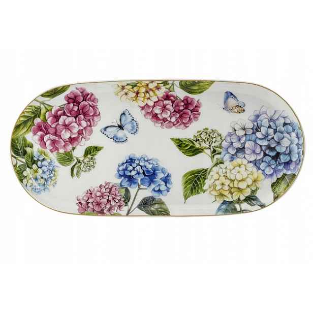 Podnos porcelánová obdélníková paterka hortenzie pastelová letní 33x16,5 cm